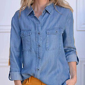 Dear John Embroidered Alyssa Pacific Blouse Women's Sz L Denim Chambray Lyocell